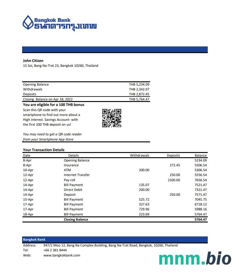 Wyciąg bankowy z Tajlandii w Bangkoku łatwy do wypełnienia szablon w formacie Excel i PDF